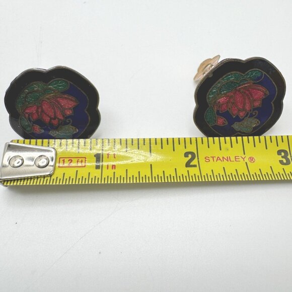 Cloisonne Enamel Earrings Lotus Flower & Butterfly Vintage Clip-On - Picture 2 of 9